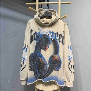Cream Graphic Hoodie with Blue Accents